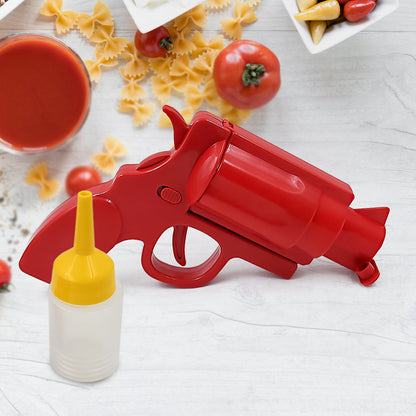 Wukusy ketchup and mustard bottle gun dispenser for home and kitchen use, plastic condiment squeeze bottle in black and yellow.