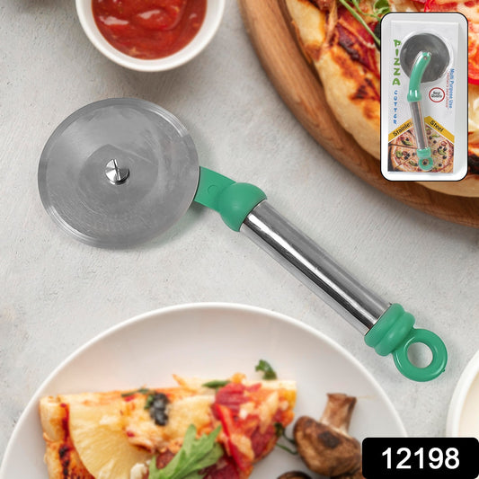Stainless steel wheel pizza cutter from Wukusy, designed for easy slicing of homemade pizzas in the kitchen.