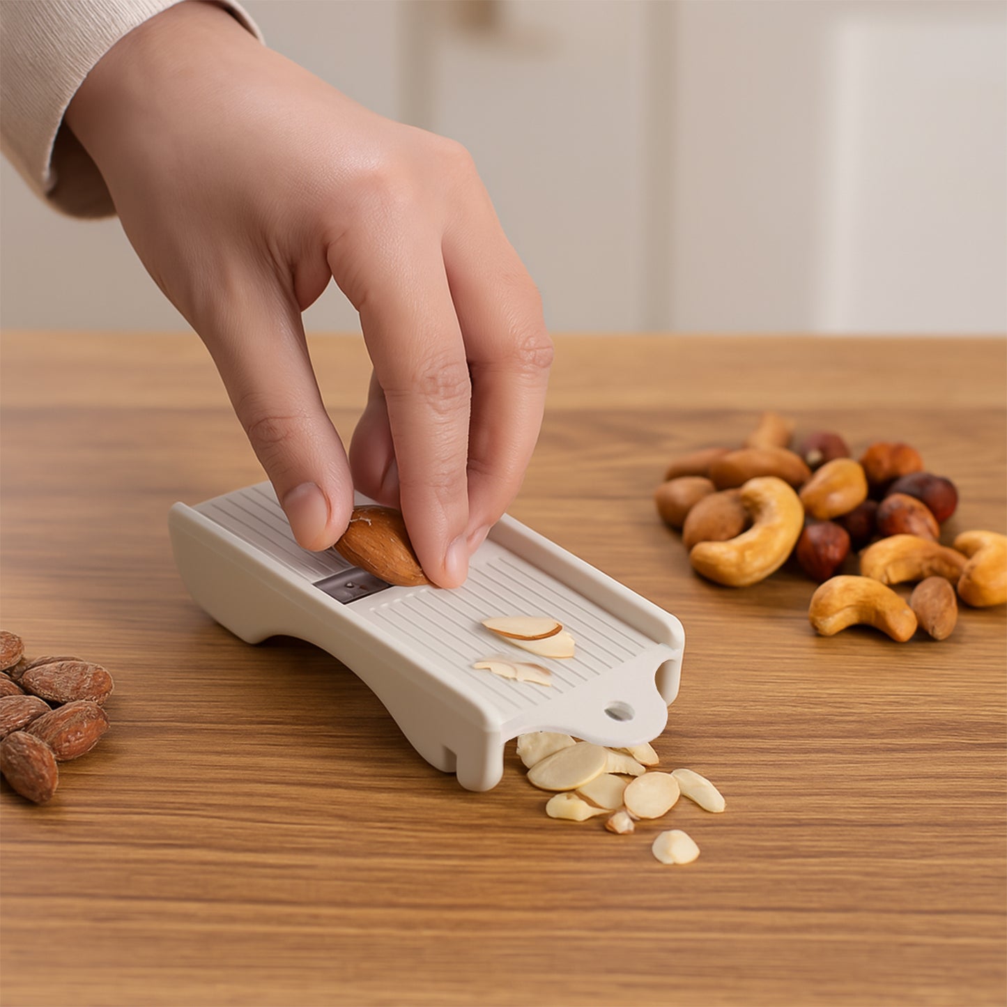 Wukusy Liger multipurpose dry fruit and ginger slicer on a kitchen countertop, featuring stainless steel blades and compact design.