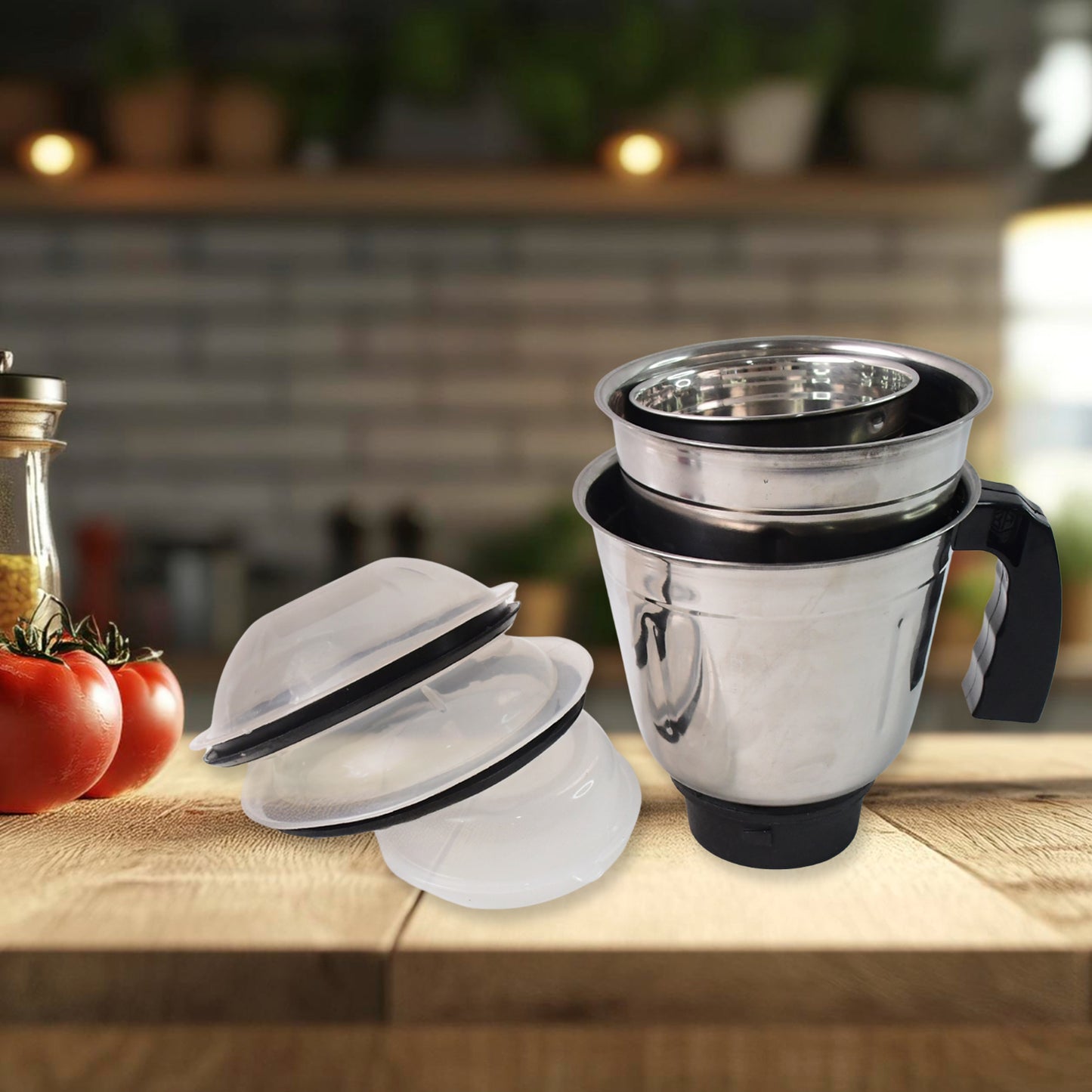 Wukusy Orbit mixer grinder with 3 stainless steel jars and 550W motor for home kitchen use, shown with blades and jars.