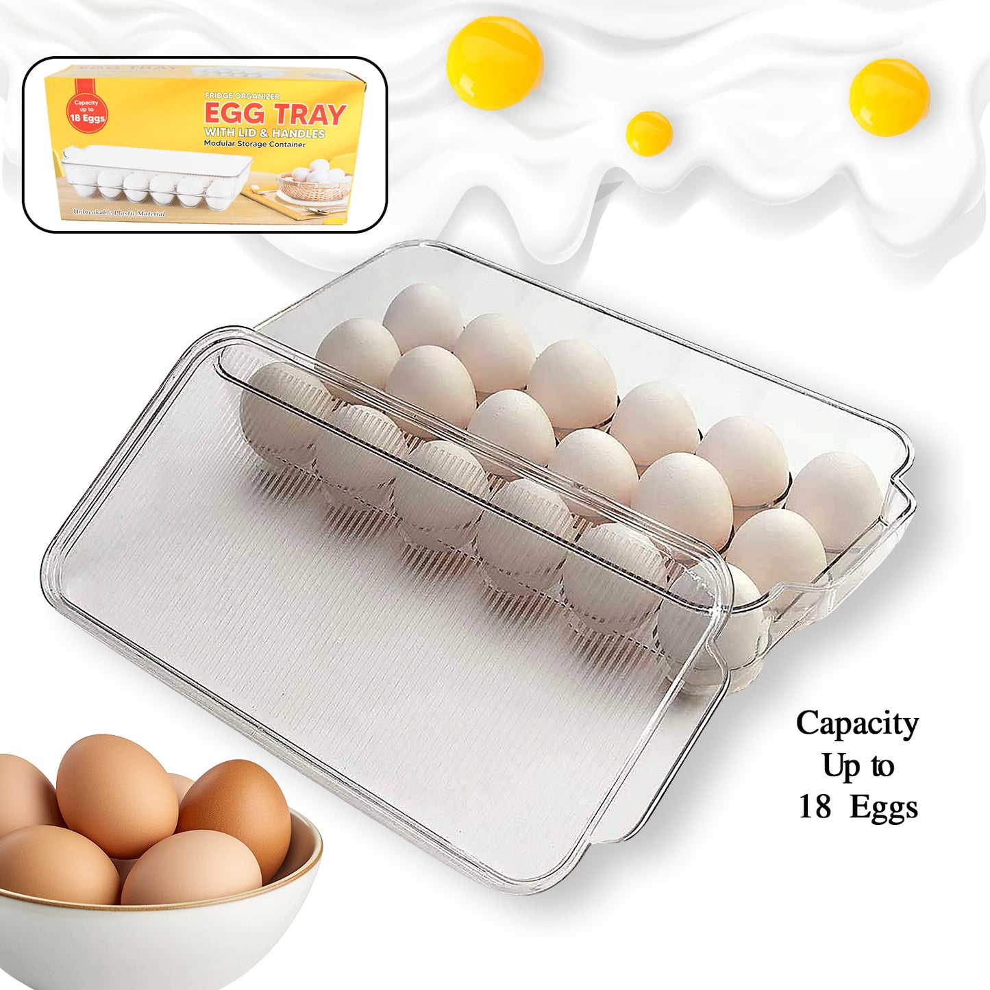 Wukusy plastic 18-cavity egg storage box with lid and handles, rectangular egg tray for refrigerator storage of 18 eggs.