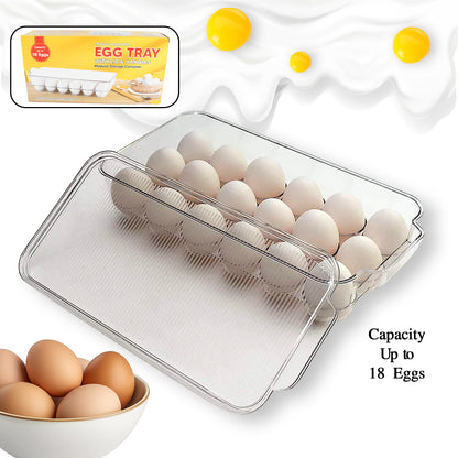 Wukusy plastic 18-cavity egg storage box with lid and handles, rectangular egg tray for refrigerator storage of 18 eggs.