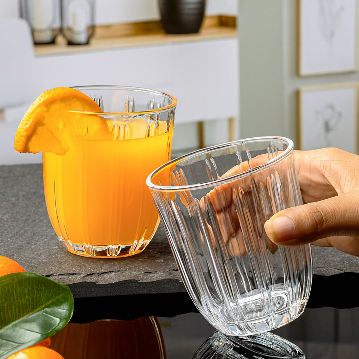 Six transparent glass tumblers by Wukusy, 256ml capacity, perfect for home and kitchen use, clear and durable design.