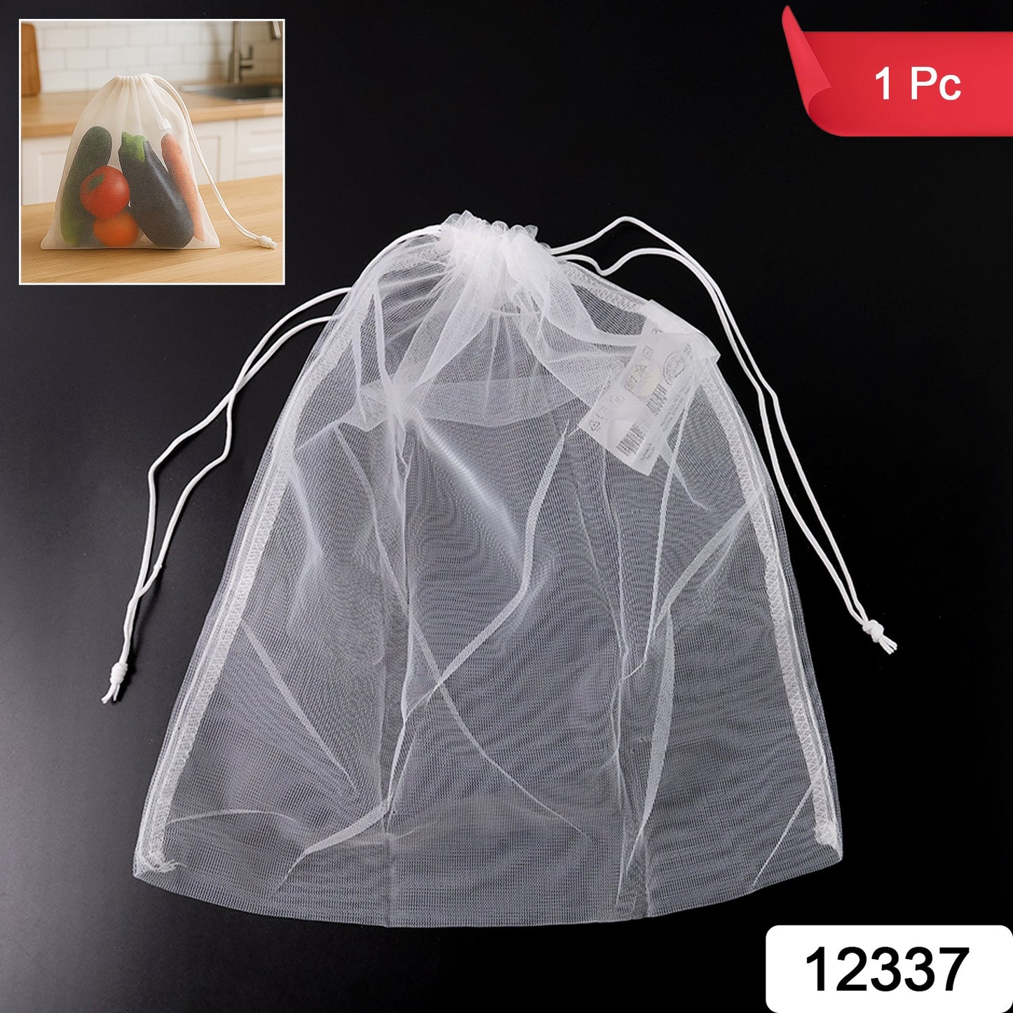 Reusable transparent mesh storage bag with drawstring closure, ideal for home and kitchen organization by Wukusy.