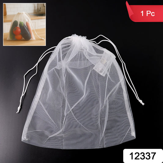 Reusable transparent mesh storage bag with drawstring closure, ideal for home and kitchen organization by Wukusy.