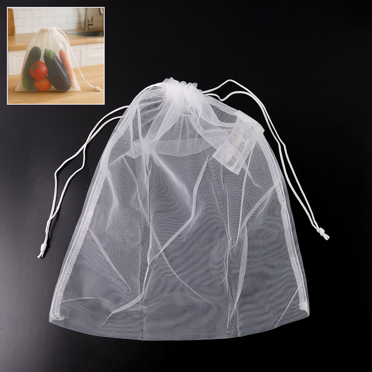 Reusable transparent mesh storage bag with drawstring closure by Wukusy, ideal for organizing home and kitchen items.