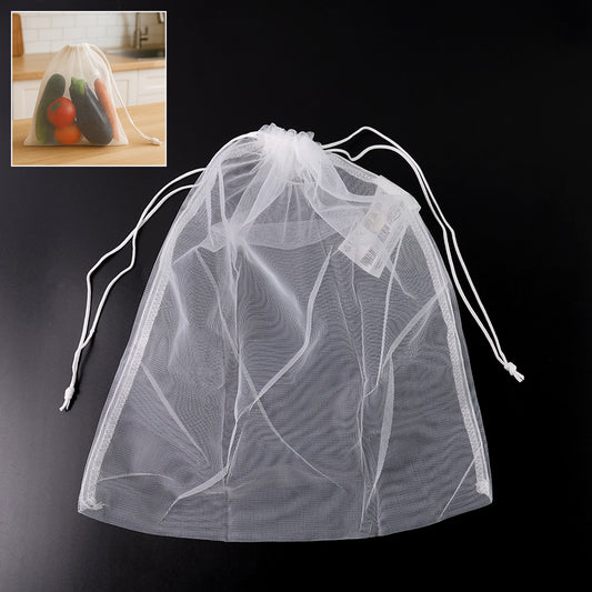 Reusable transparent mesh storage bag with drawstring closure by Wukusy, ideal for organizing home and kitchen items.