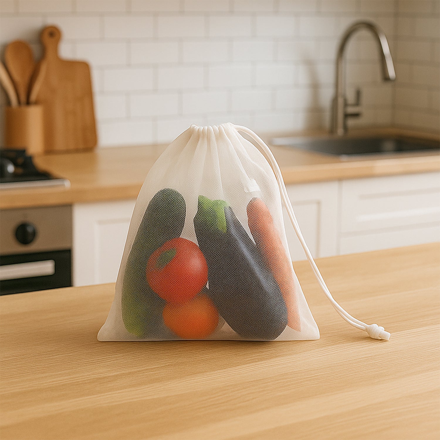 Reusable transparent mesh storage bag with drawstring closure by Wukusy, ideal for organizing home and kitchen items.