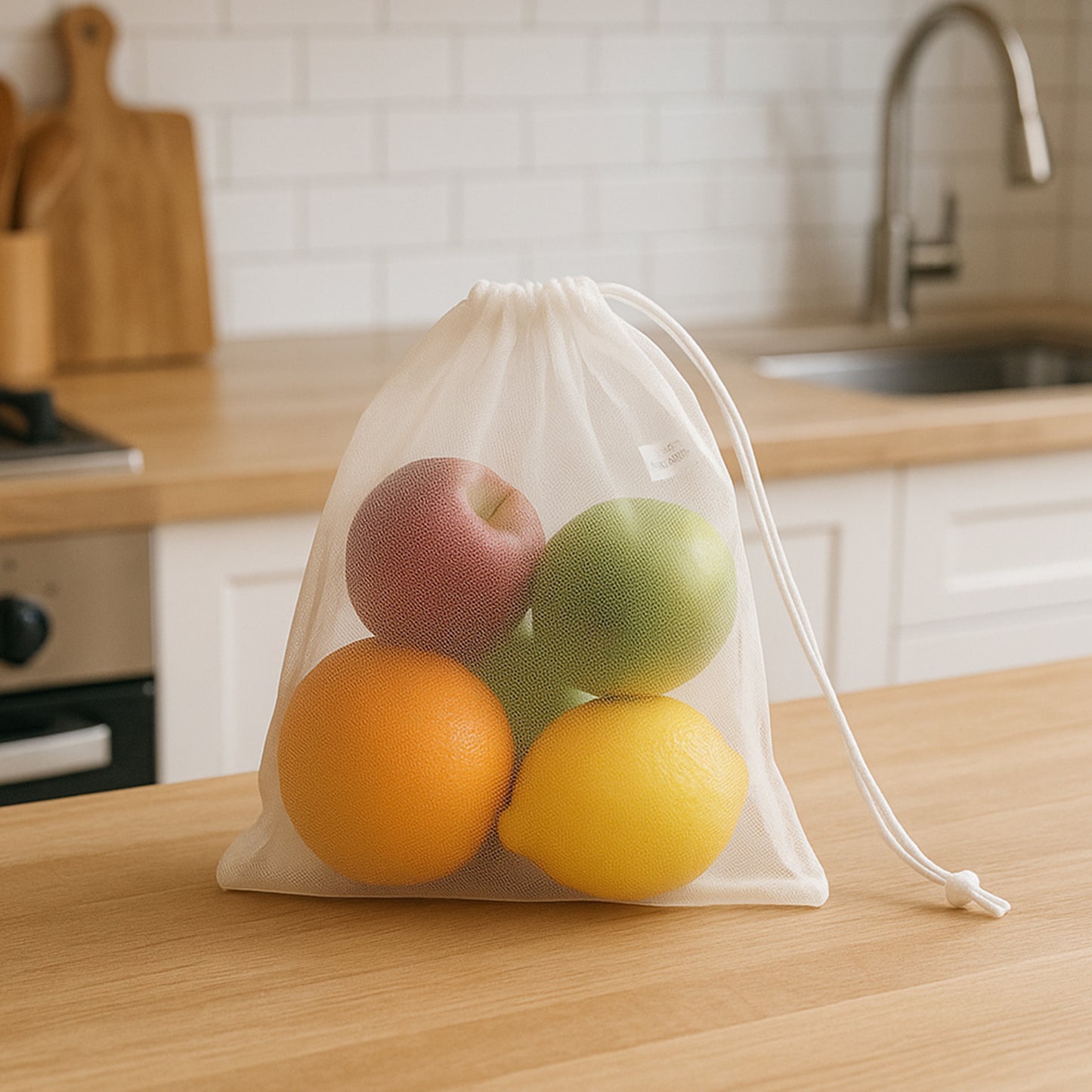 Reusable transparent mesh storage bag with drawstring closure, ideal for organizing kitchen and home essentials by Wukusy.