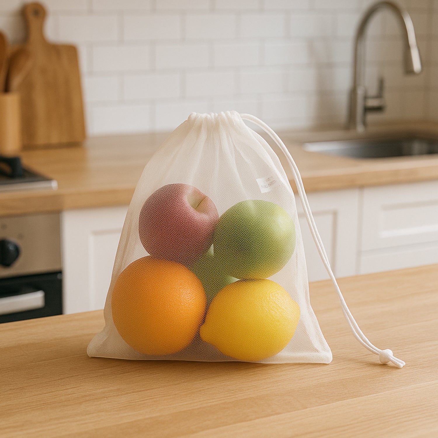 Reusable transparent mesh storage bag with drawstring closure, ideal for organizing kitchen and home essentials by Wukusy.