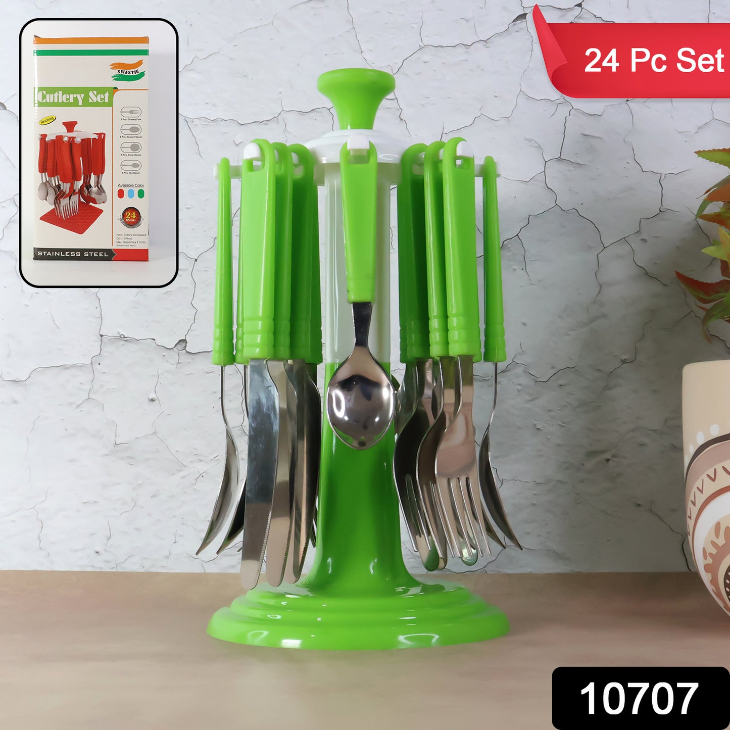 Wukusy stainless steel cutlery set with 24 pieces displayed on a stand, including knives, forks, and spoons for home and kitchen use.