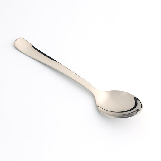 Stainless steel baby dining spoon by Wukusy, designed for infants, with a small handle and rounded scoop for easy feeding.