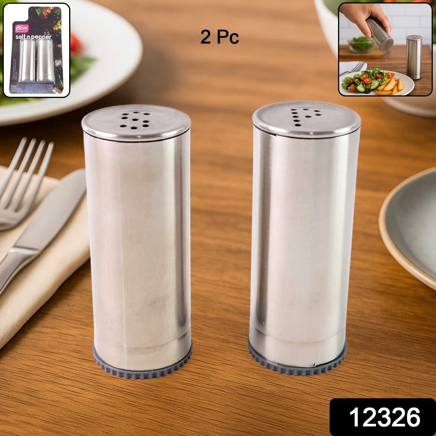 Wukusy stainless steel salt and pepper shaker set, 2-piece kitchen condiment shakers with sleek, modern design.