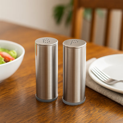 Wukusy stainless steel salt and pepper shaker set, 2-piece kitchen condiments with sleek, modern design for home use.