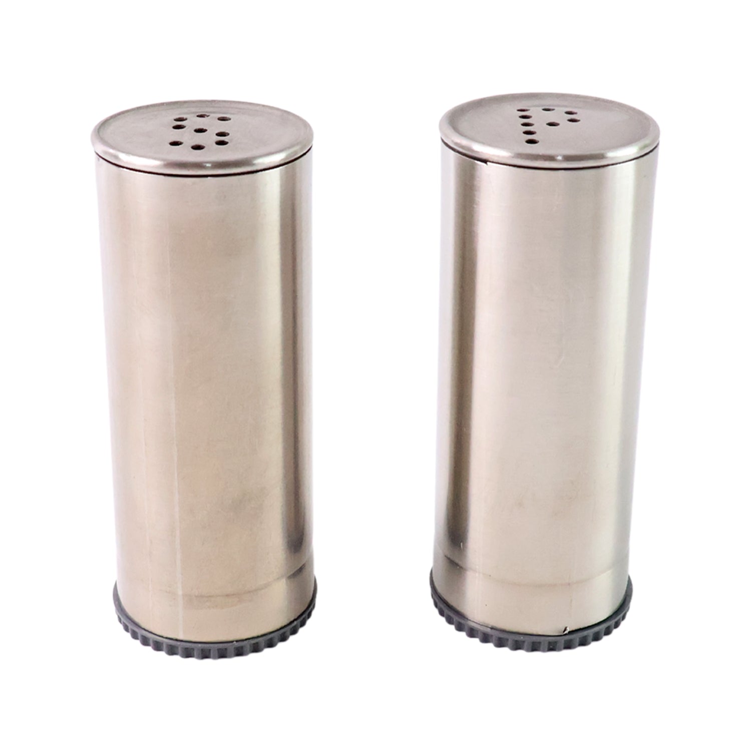 Stainless steel salt and pepper shaker set by Wukusy, 2-piece kitchen condiment shakers on a modern countertop.