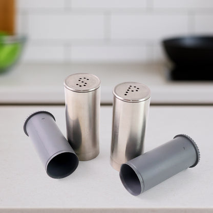 Wukusy stainless steel salt and pepper shaker set with two sleek, cylindrical shakers for kitchen or table use.