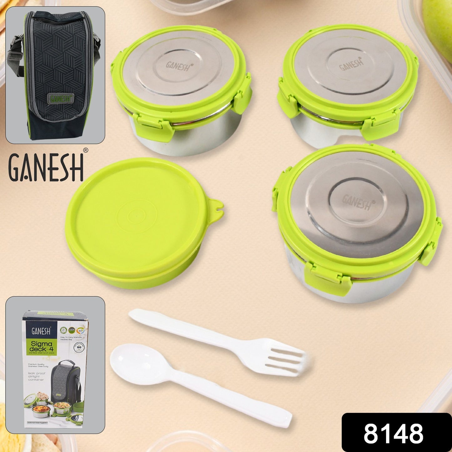Wukusy stainless steel tiffin lunch box with four clip lock lids, food-grade, air-tight, leak-proof, ideal for office and school use.