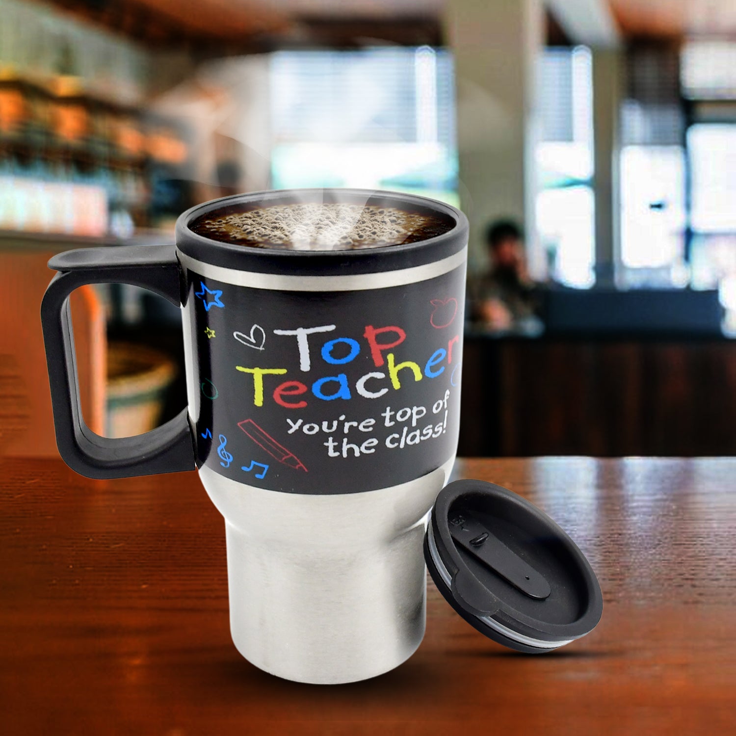 Wukusy stainless steel vacuum insulated coffee mug with handle, double-walled glass, lid, and travel-friendly design.