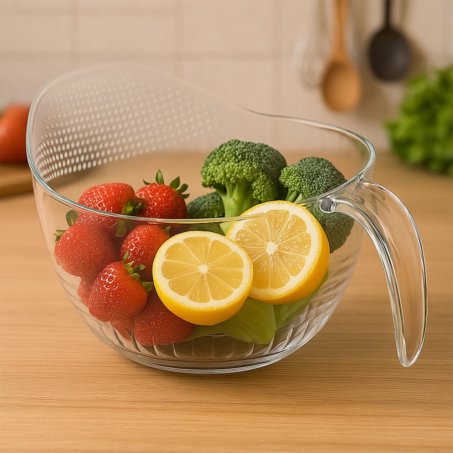 Wukusy Supermom transparent plastic bowl basket with handle, versatile kitchen storage or serving container, 1 piece.