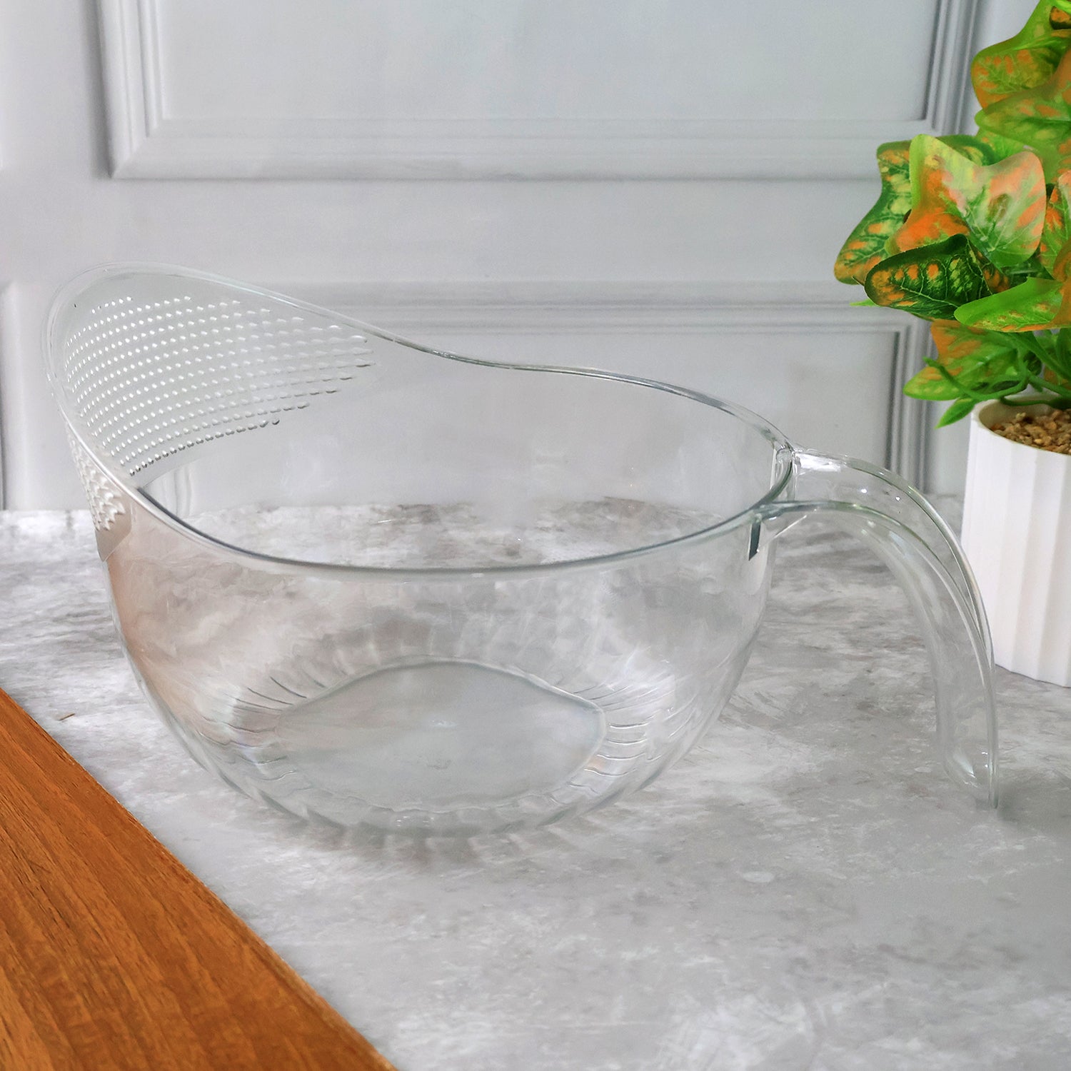 Wukusy Supermom transparent plastic bowl basket with handle, versatile for kitchen storage and organization.