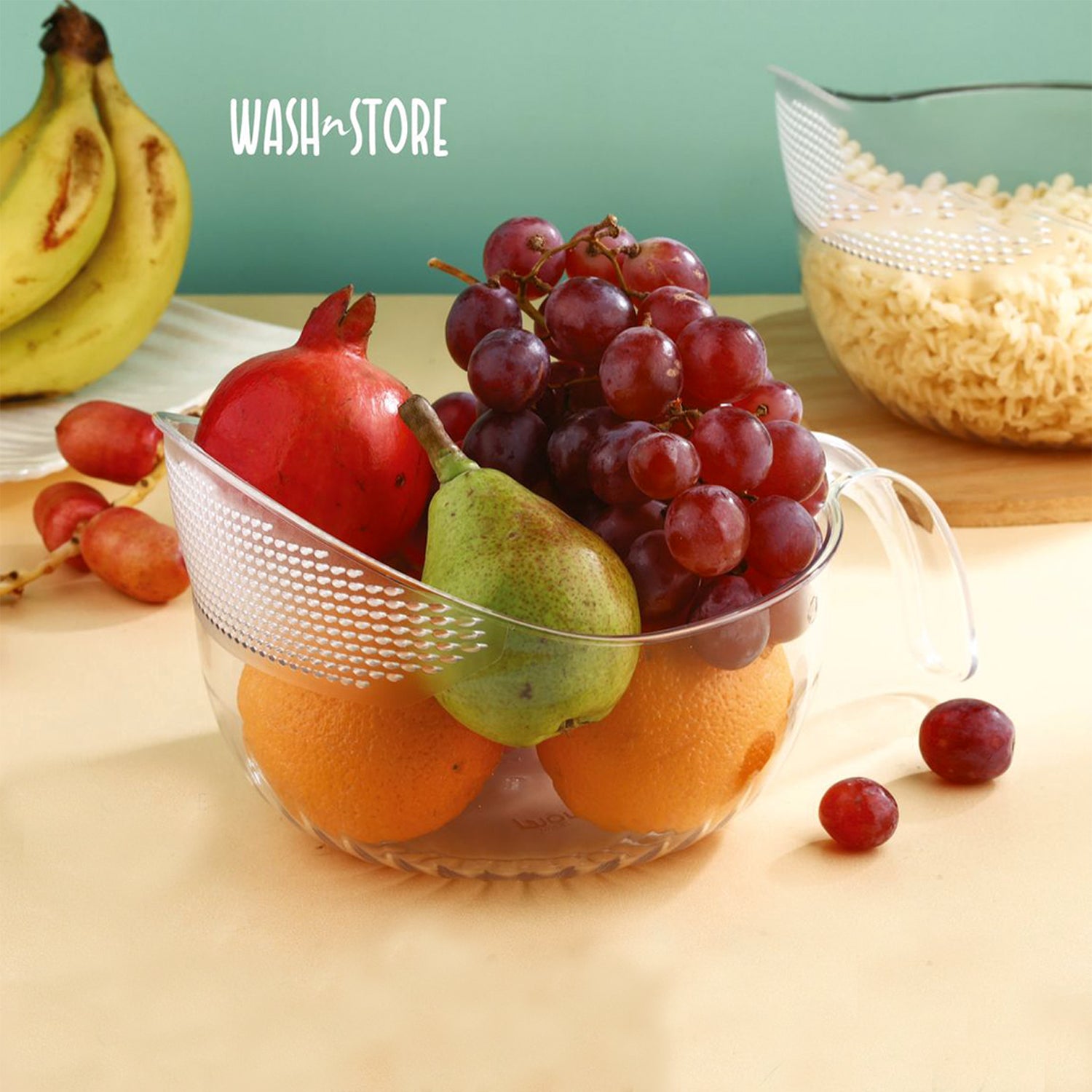 Wukusy Supermom transparent plastic bowl basket with handle, versatile kitchen storage container, clear and lightweight.