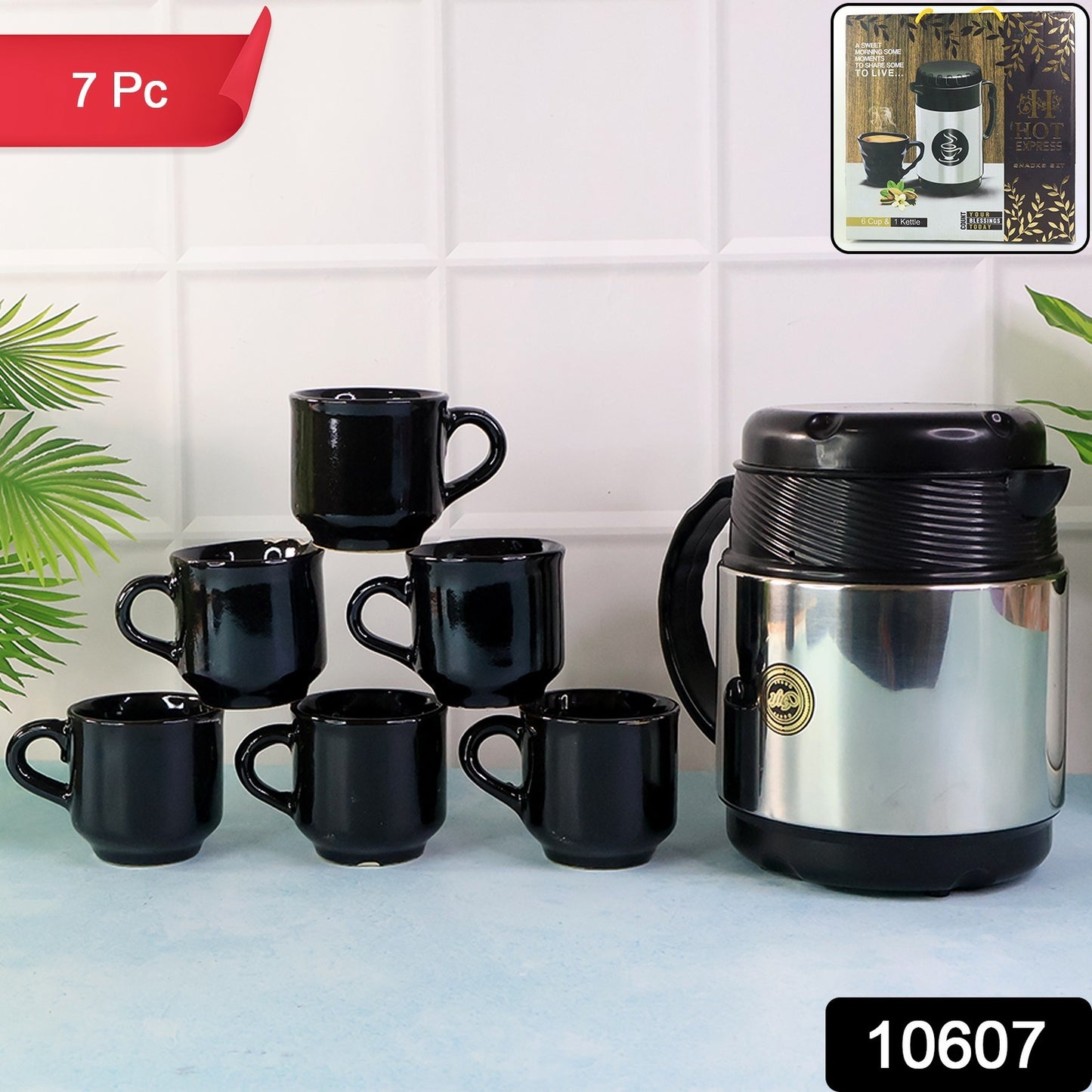 Wukusy tea and coffee thermos flask with six ceramic cups set, ideal for home and kitchen use, featuring stainless steel and ceramic design.