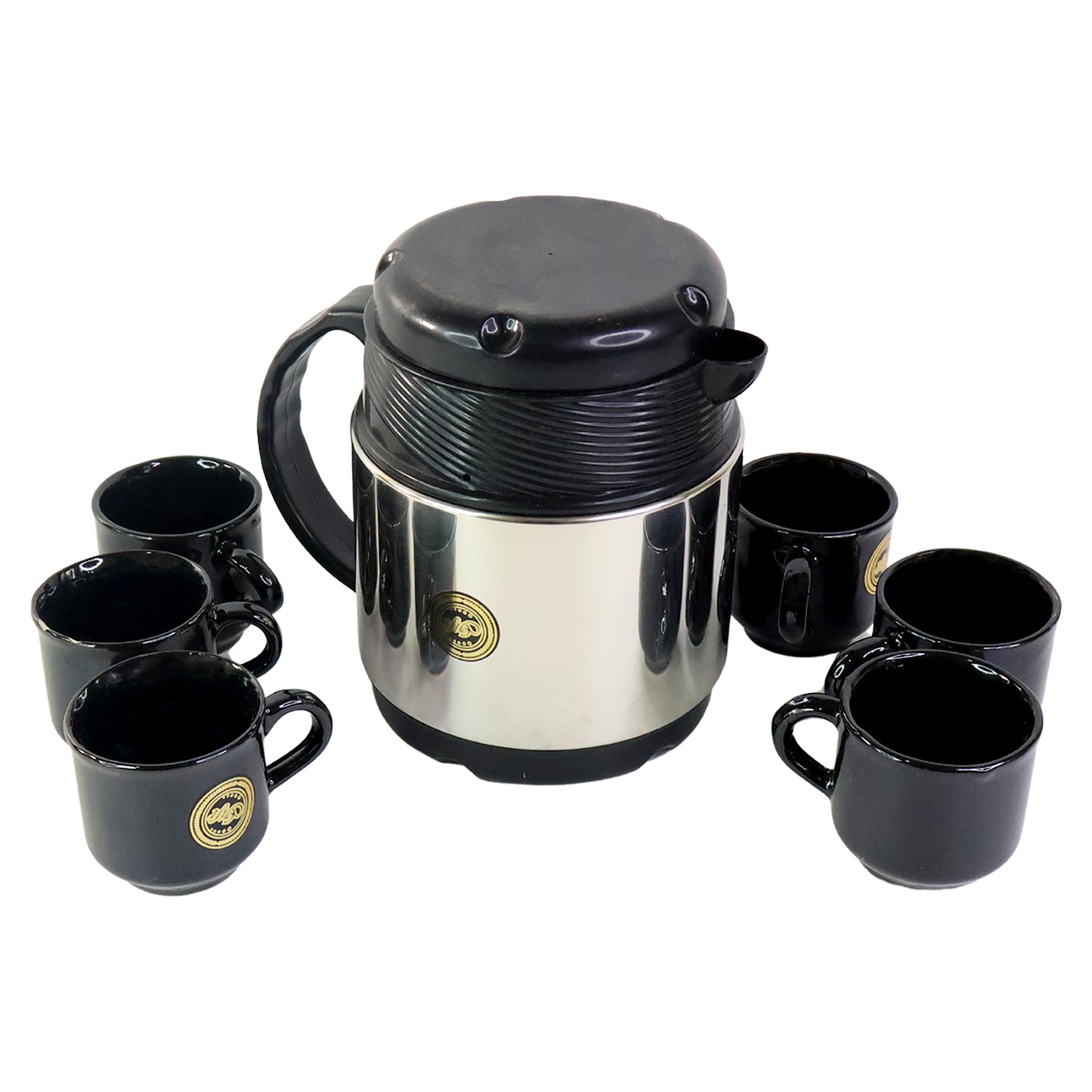 Wukusy tea and coffee thermos flask with six ceramic cups set, perfect for home and kitchen use, on a white background.