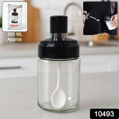 Wukusy transparent glass storage jar with built-in spoon, 250ml capacity, ideal for kitchen storage and organization.