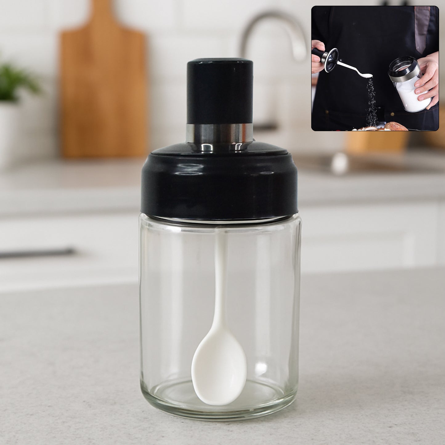 Transparent glass storage jar with built-in spoon, 250ml capacity, from Wukusy, ideal for kitchen storage and organization.