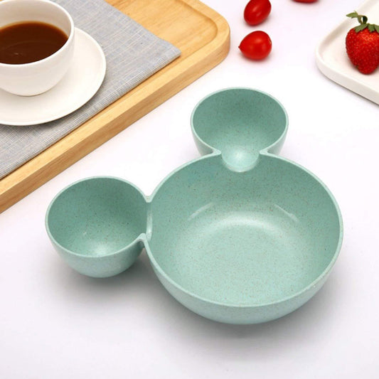 Wukusy Mickey-shaped kids snack serving sectioned plate, colorful kitchen tool for children’s snacks and meals with divided sections.