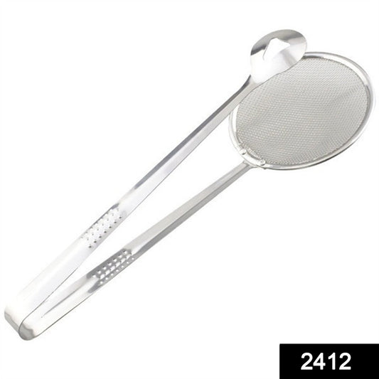 Wukusy 2-in-1 stainless steel filter spoon with clip, versatile kitchen tool for oil-frying and food filtering.