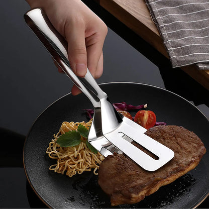 Wukusy stainless steel multifunction cooking and serving tong with a clip clamp for frying, grilling, and BBQ kitchen use.