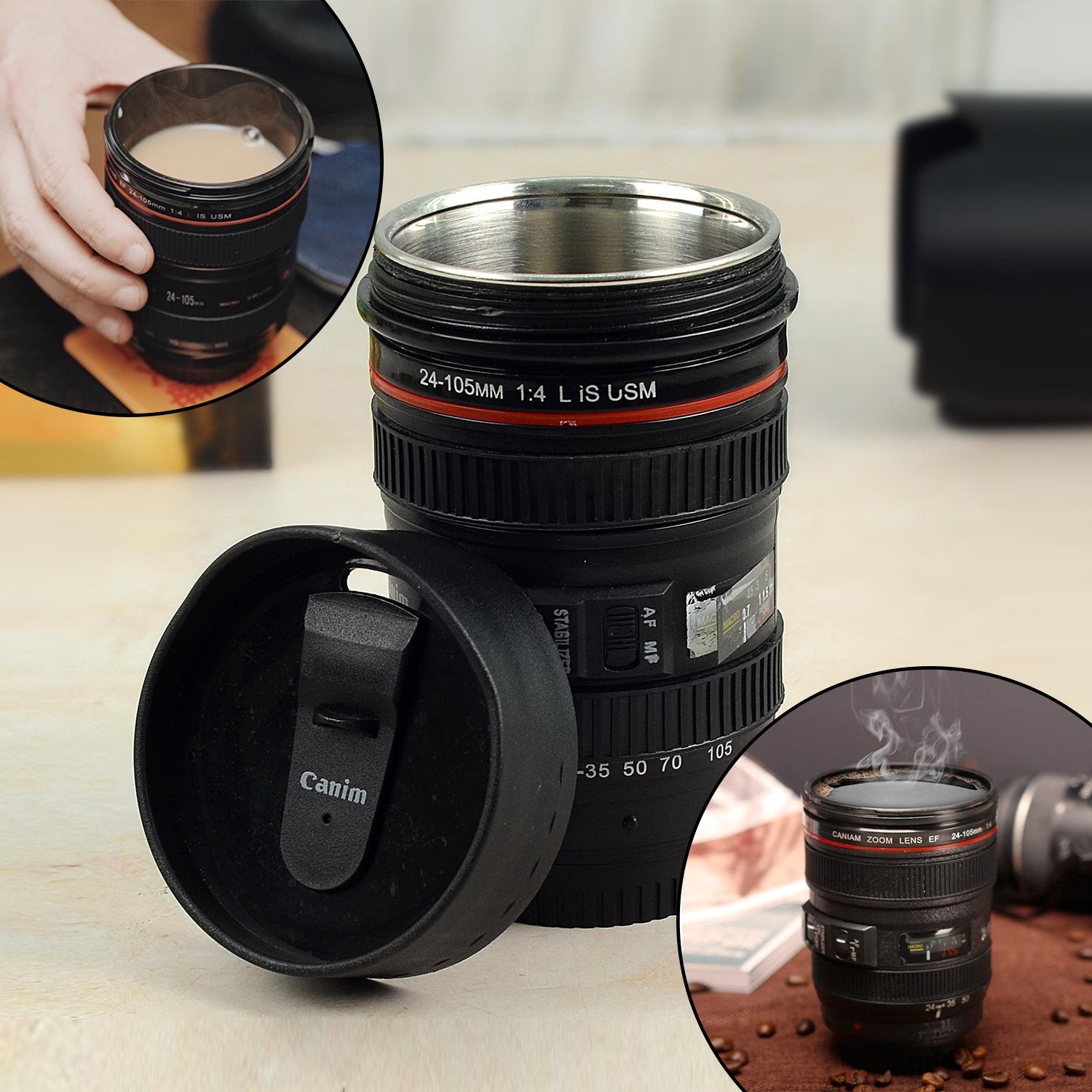 Wukusy plastic camera lens-shaped stainless steel coffee mug, kitchen tool with detailed camera lens design for coffee or hot beverages.