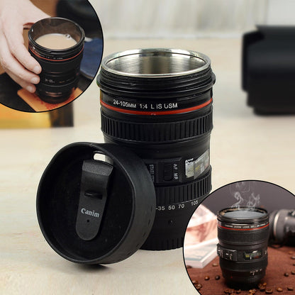 Wukusy plastic camera lens-shaped stainless steel coffee mug, kitchen tool with detailed camera lens design for coffee or hot beverages.