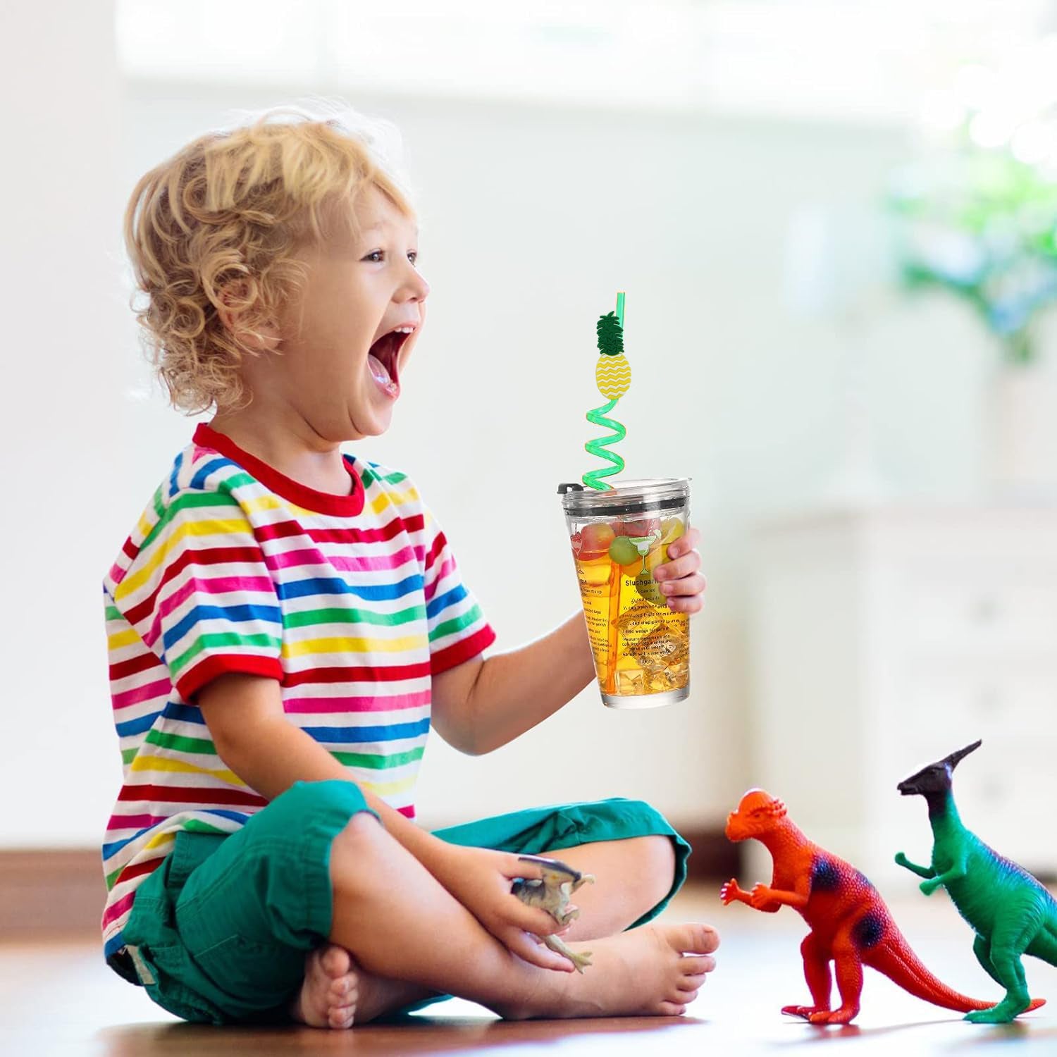 Set of 12 reusable plastic children's straws with colorful mix designs, ideal for kids' drinks and kitchen use.