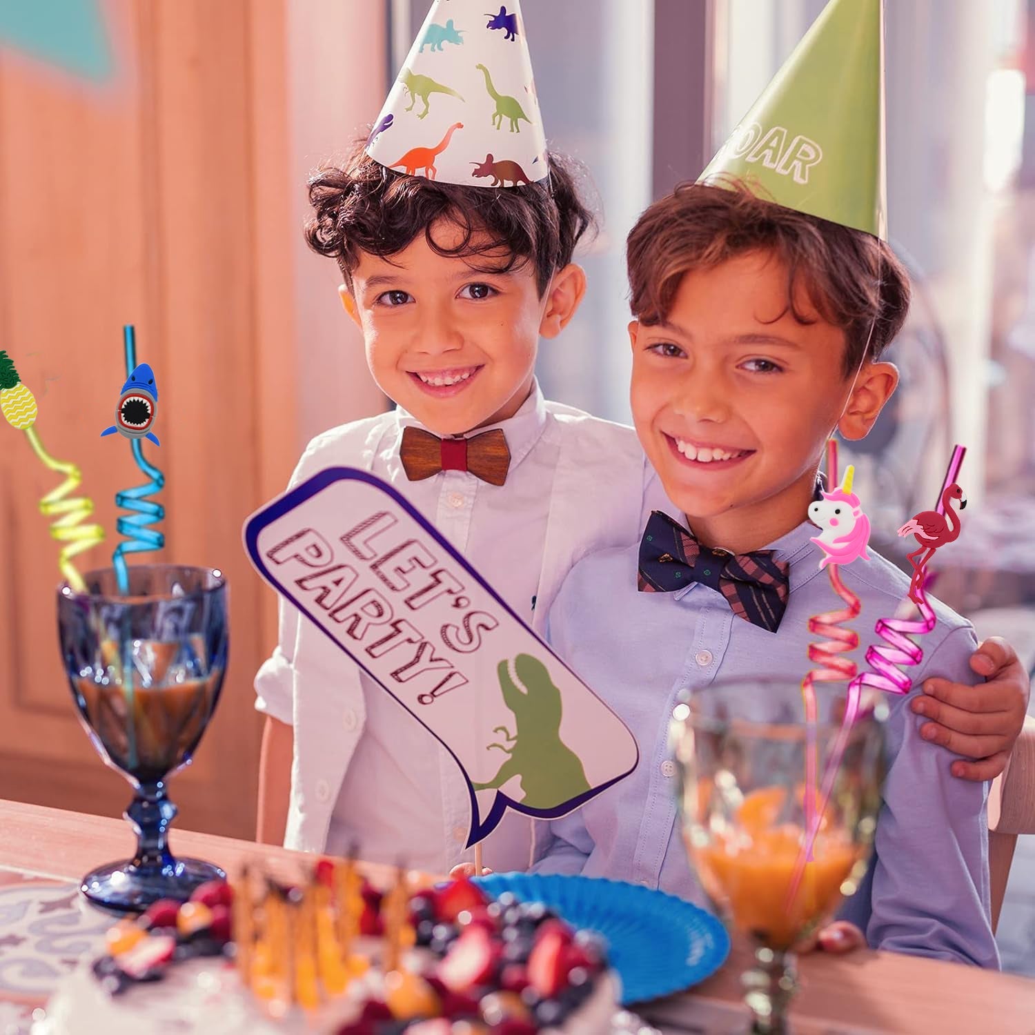 Set of 12 reusable plastic children's straws with colorful mixed designs, perfect for kids' drinks and eco-friendly use.