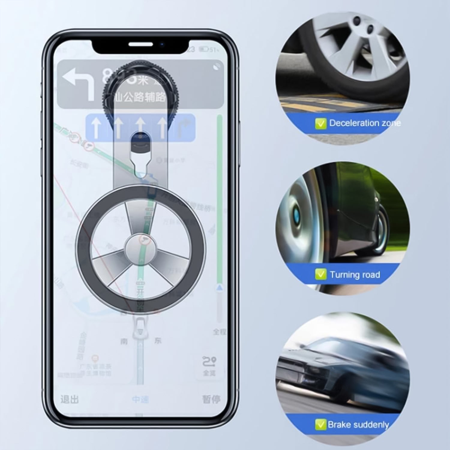 Wukusy 360° rotatable foldable magnetic air vent phone holder attached to car air vent, holding a smartphone securely.