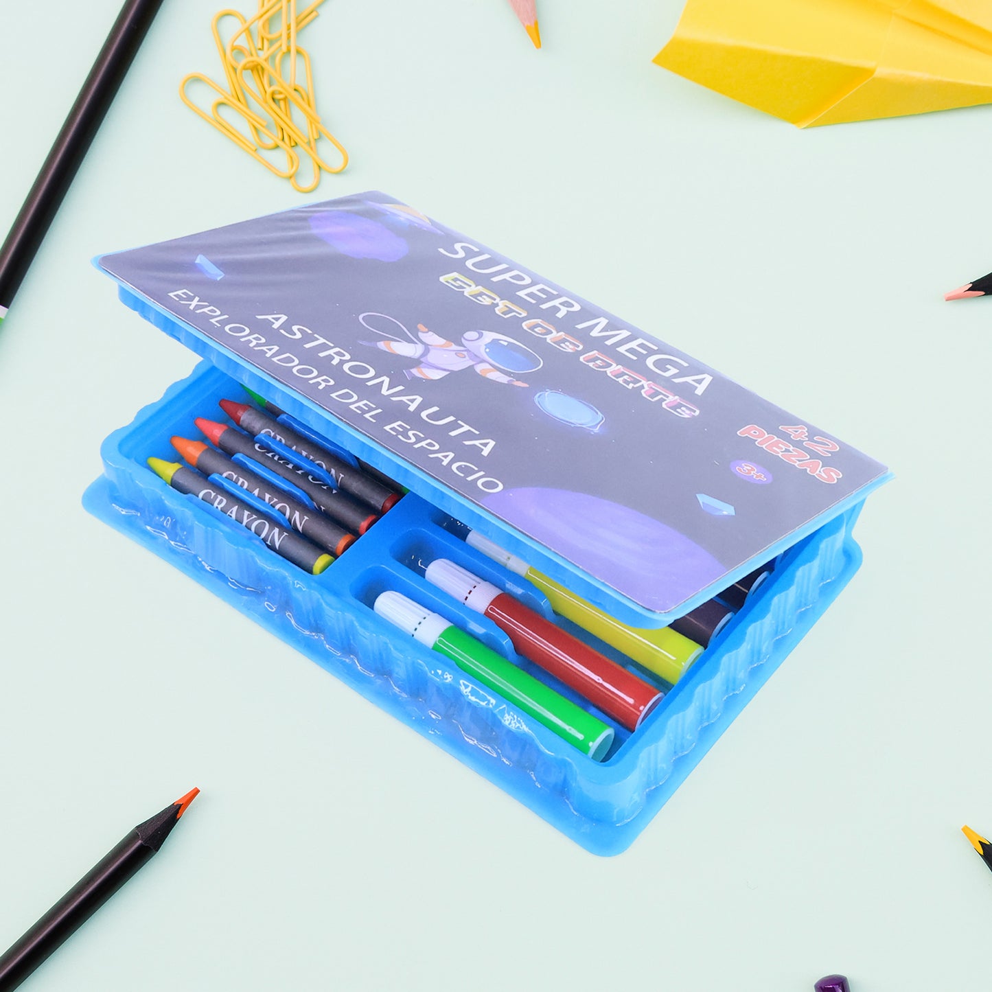 Wukusy 42-piece kids art and craft stationery set with colorful markers, crayons, and paper for creative activities