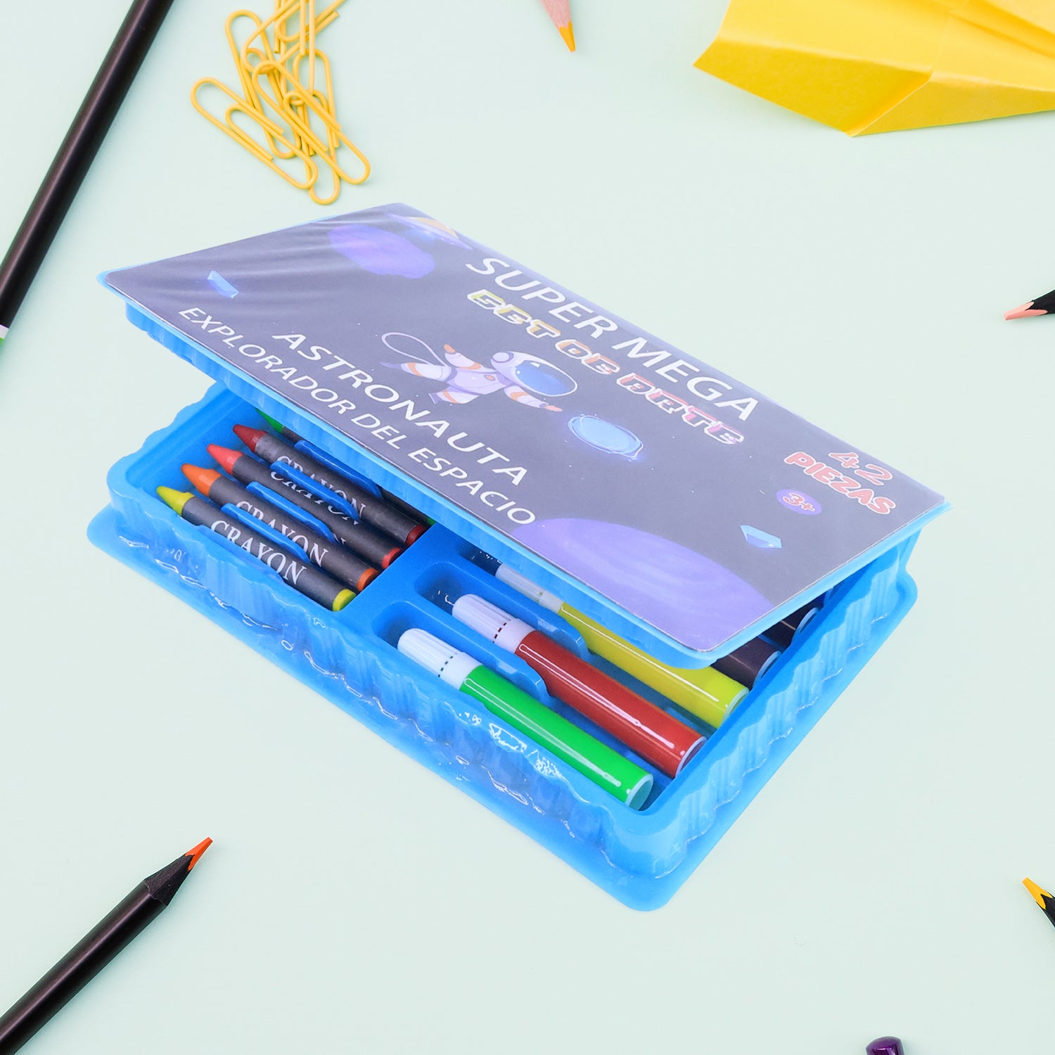 Wukusy 42-piece kids art and craft stationery set with colorful markers, crayons, and paper for creative activities