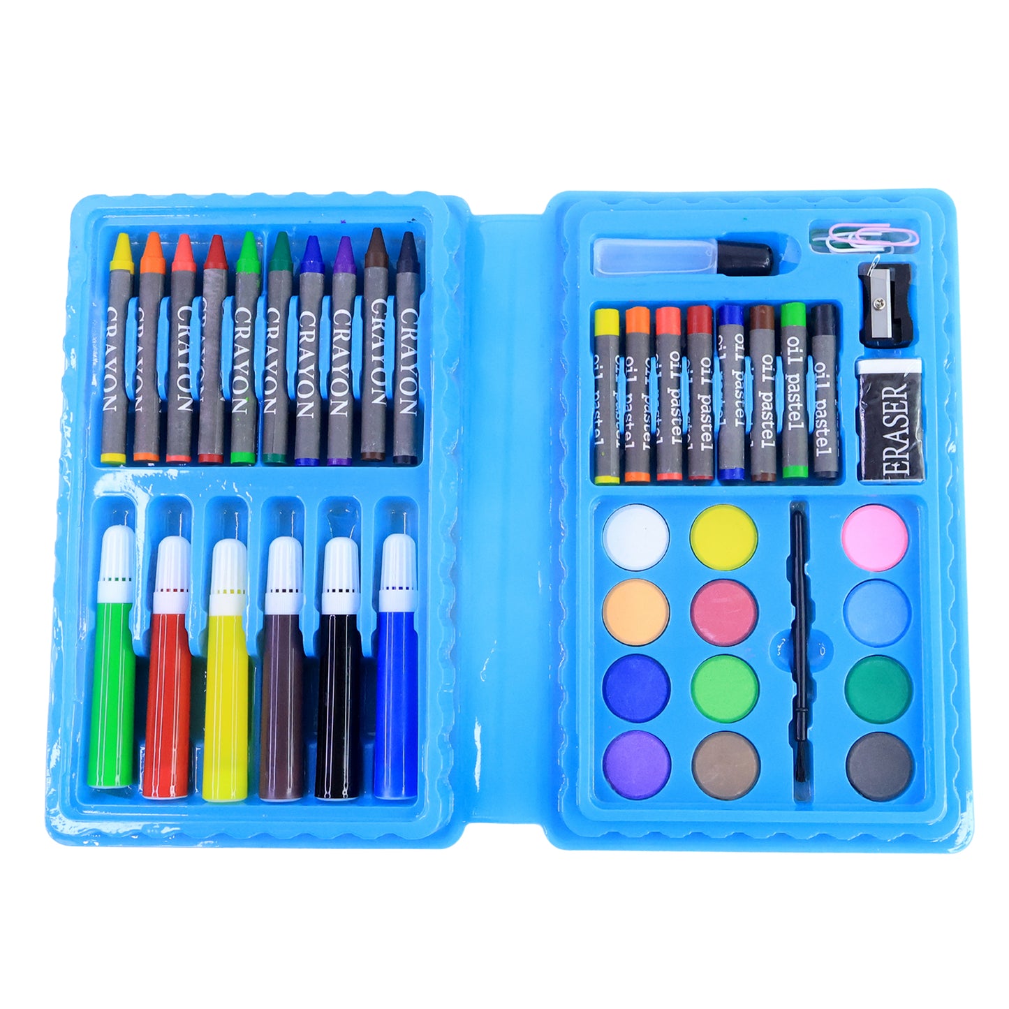 Wukusy 42-piece kids art and craft stationery set including colorful markers, crayons, scissors, and paper for creative projects.