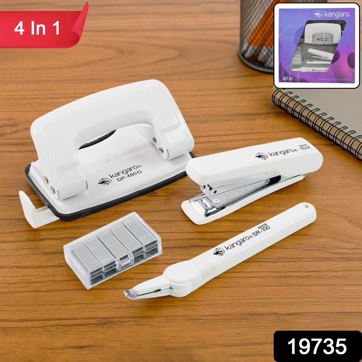 Wukusy Kangaro 4-in-1 Premium Stationery Gift Set with pens, notebooks, and office supplies arranged neatly on a white background.