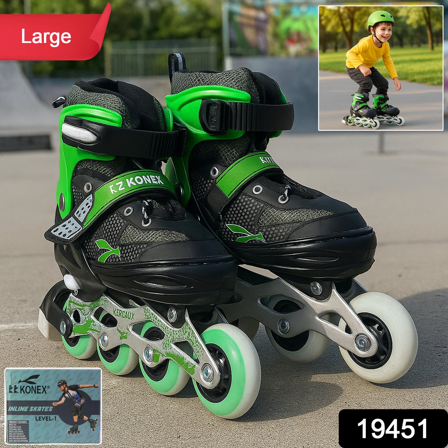 Wukusy professional adjustable inline skates for kids and adults, large size, showing the sporty design and adjustable features.