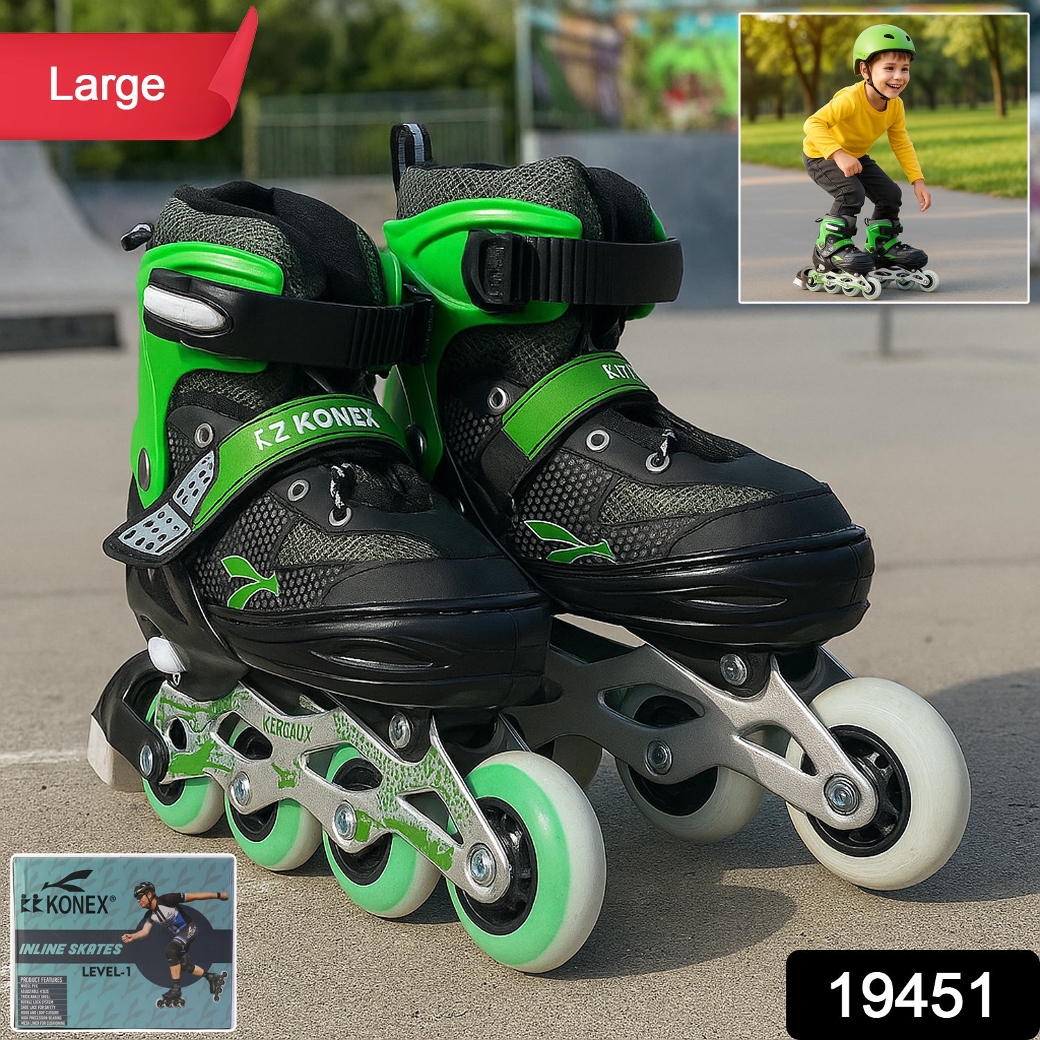 Wukusy professional adjustable inline skates for kids and adults, large size, showing the sporty design and adjustable features.
