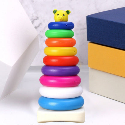 Wukusy 8015 plastic baby stacking toy with colorful teddy rings, designed for kids' educational and stacking play.