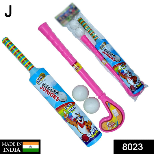 8023 Combo Of Light Weight Plastic Bat Ball  Hockey For Kids