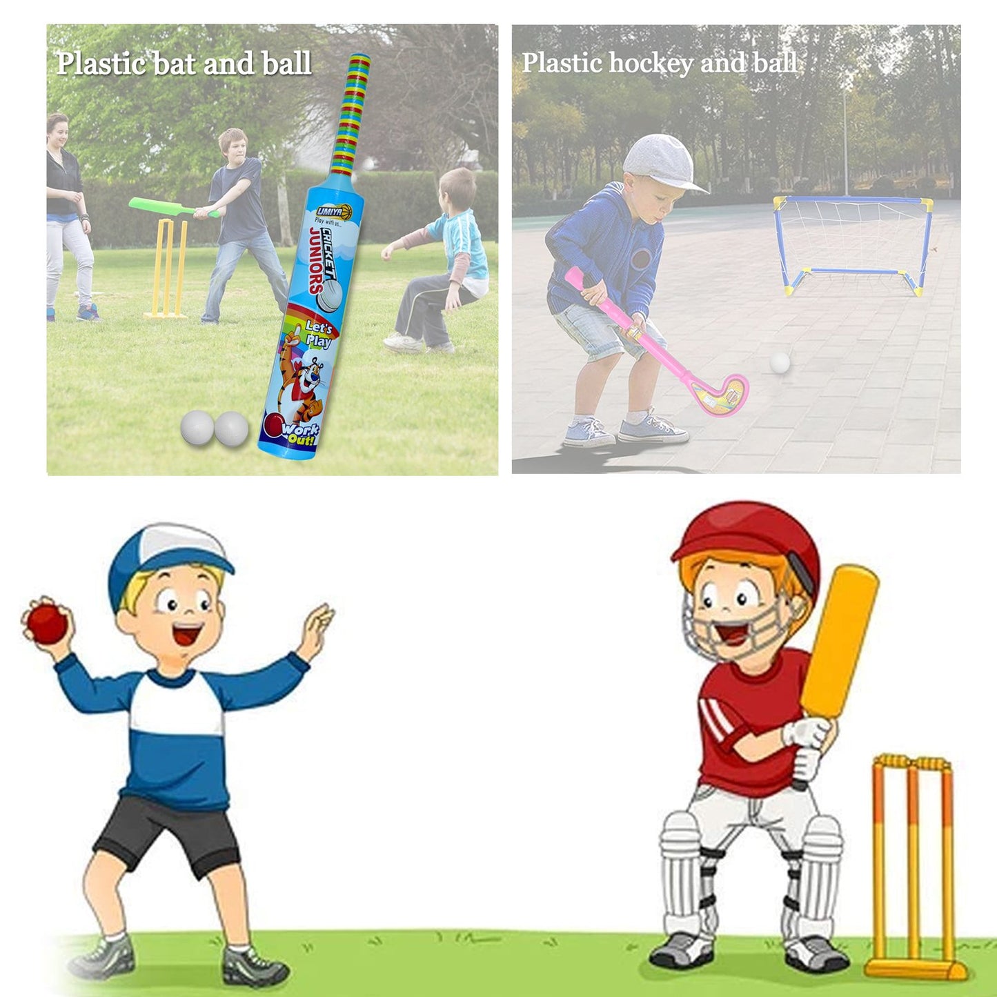 8023 Combo Of Light Weight Plastic Bat Ball  Hockey For Kids