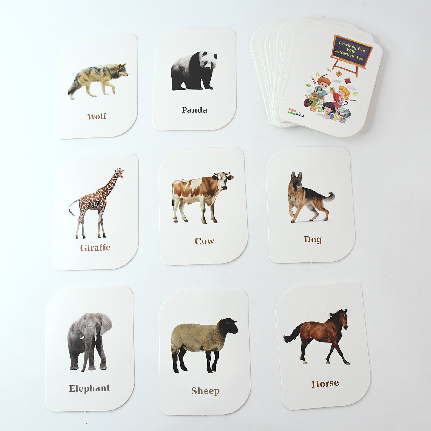 Wukusy Kidkraft 32-piece animal flash cards set showing colorful animal illustrations for educational play.