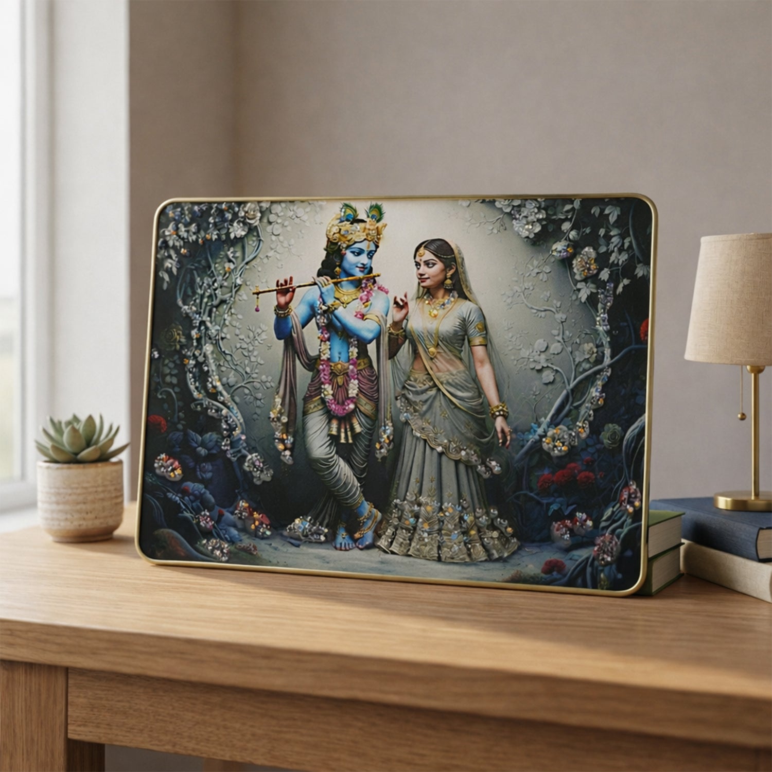 Divine Radha Krishna Flute Art Wall Frame (1 Pc 45x30 Cm)