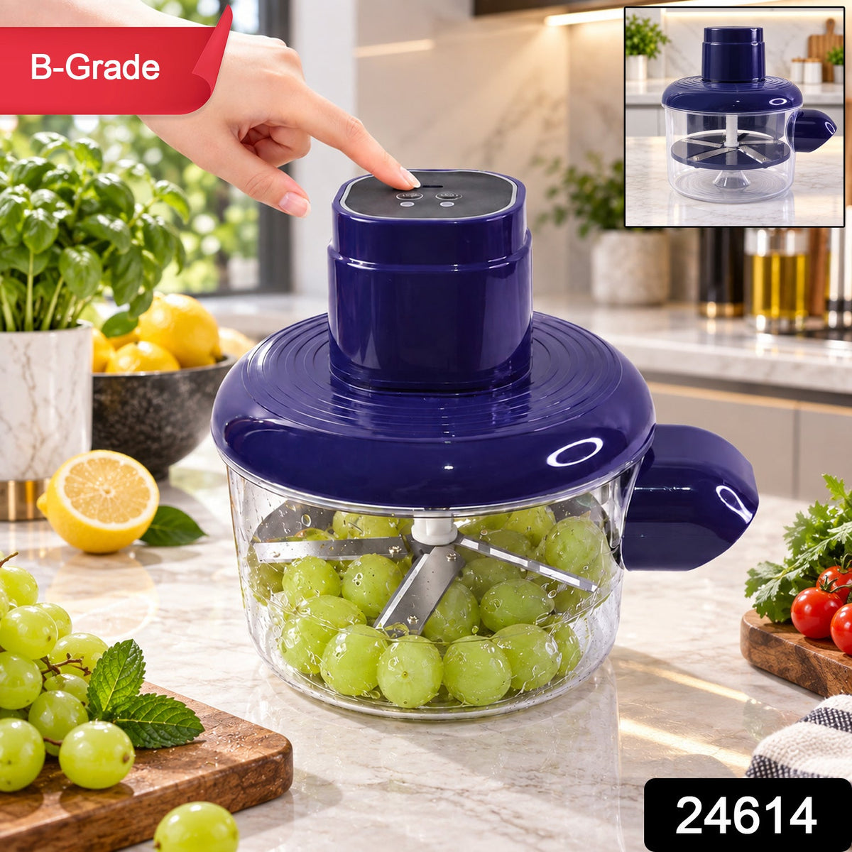 Wukusy electric food chopper with steel blades and clear bowl, compact kitchen appliance for chopping vegetables and herbs.