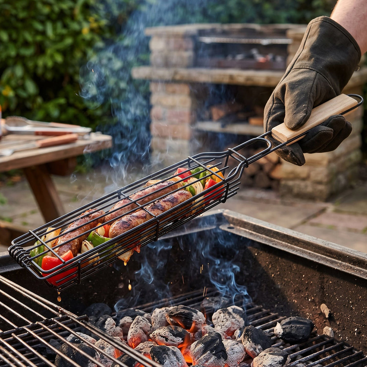 Metal Barbecue Grill Basket With Wooden Handle For Outdoor Bbq Cooking (1 Piece)